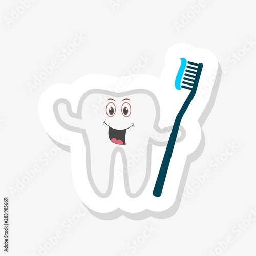Teeth care concept, funny tooth with toothbrush