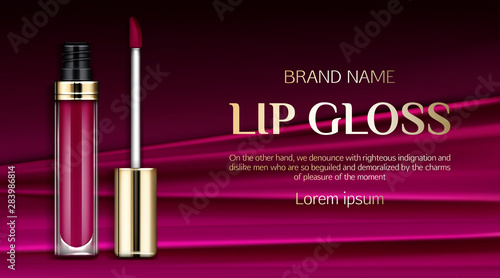 Lip gloss, liquid lipstick cosmetics make up beauty product mockup banner. Burgundy or dark pink tube with gold cap on silk draped fabric background. Luxury promo poster template, realistic 3d vector