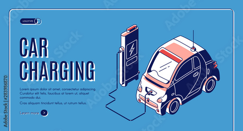 Eco car charging isometric landing page, electric station for power charge of ecology hybrid transport on blue retro colored background, nature friendly auto, 3d vector illustration, banner, line art