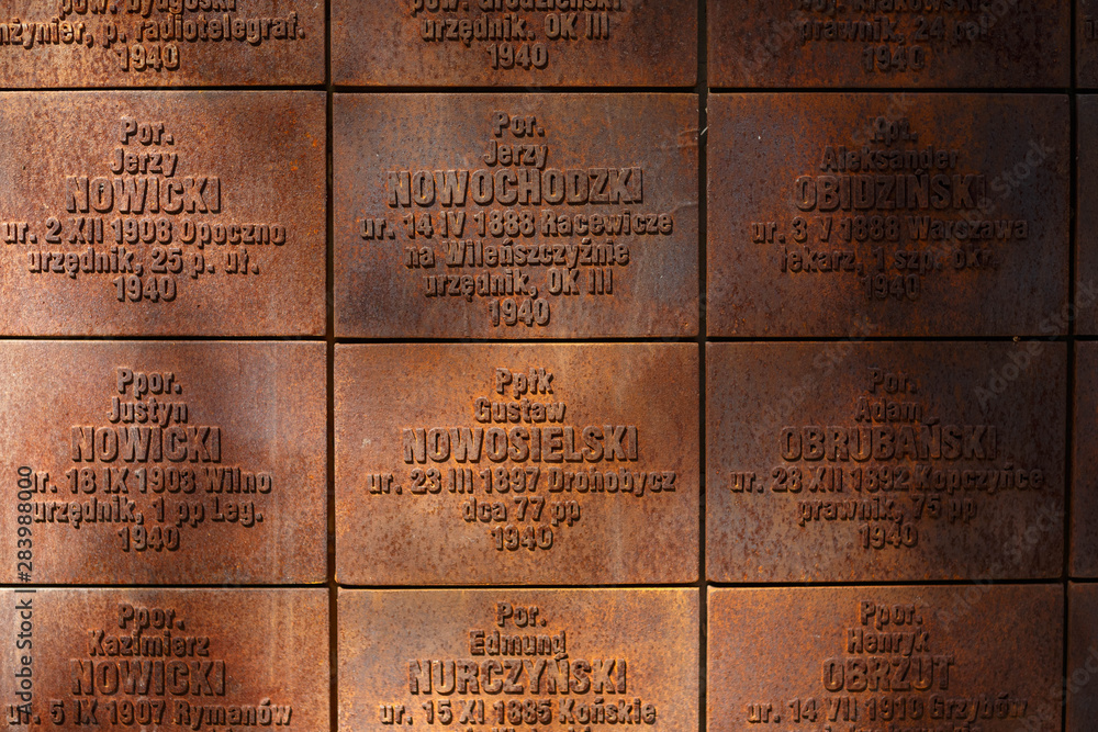 wall with names from the memorial in Katyn in memory of the killed ...