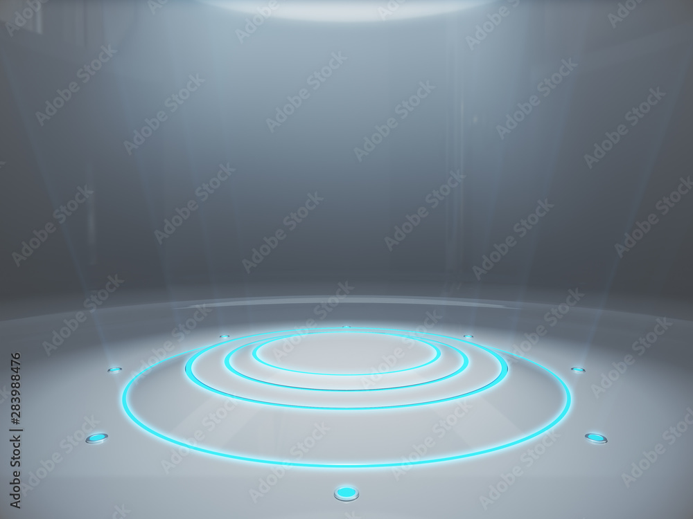 Fototapeta premium Pedestal for display,Platform for design,Blank product stand with light glow,Future background.3D rendering.