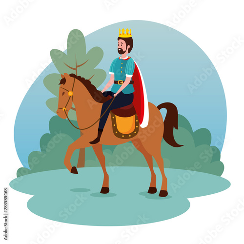 man king with crown and suit riding horse