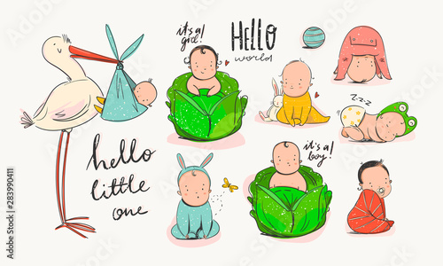 Cartoon stork carrying a baby. Cute little newborn babies in various poses. Babies in a cabbage. Various nationalities. Different races. Hand drawn vector set. Colorful trendy illustration