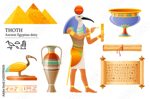Ancient Egyptian Thoth, god of wisdom, hieroglyph writing. Ibis bird Deity, papyrus scroll, vase, pot. 3d cartoon vector illustration. Old mural paint art icon from Egypt. Isolated on white background