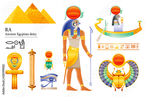 Ancient Egyptian Sun god Ra icon set. Falcon sun deity, solar disk, barque, scarab, papyrus scroll, ankh, eye. 3d cartoon vector illustration. Old mural art from Egypt. Isolated on white background