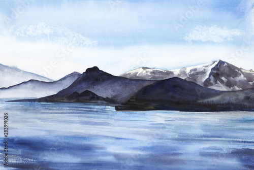 Abstract watercolor landscape. High mountains in a light haze. Snow peaks. A lake, river or sea with a smooth water surface. Light blue sky. Hand-drawn watercolor illustration