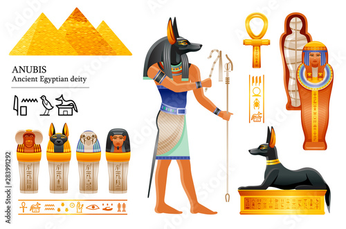 Ancient Egyptian god Anubis icon set. Canine head deity of death, mummification, afterlife. Mummy, canopic jar, dog tomb. 3d cartoon vector illustration. Old art from Egypt. Isolated white background