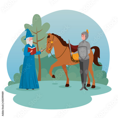 sir with royal horse and wizard with book and magic wand