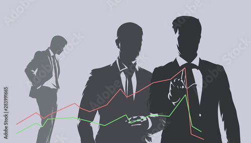 Businessmen analyzing falling graph. Business financial crisis, dark vector illustration. Company management evaluates situation