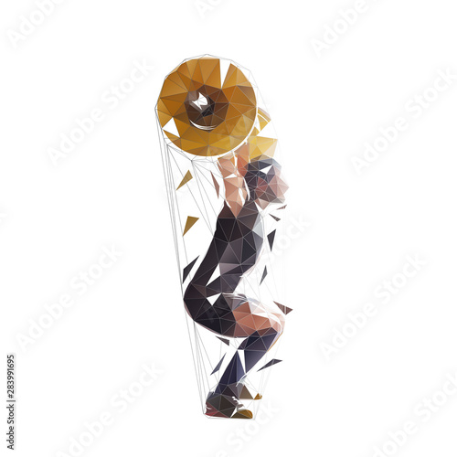 Weightlifter lifting big barbell. Weight lifting. Polygonal vector illustration, side view