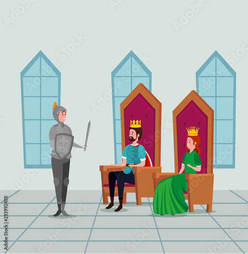 queen and king sitting in the chairs and sir with sword
