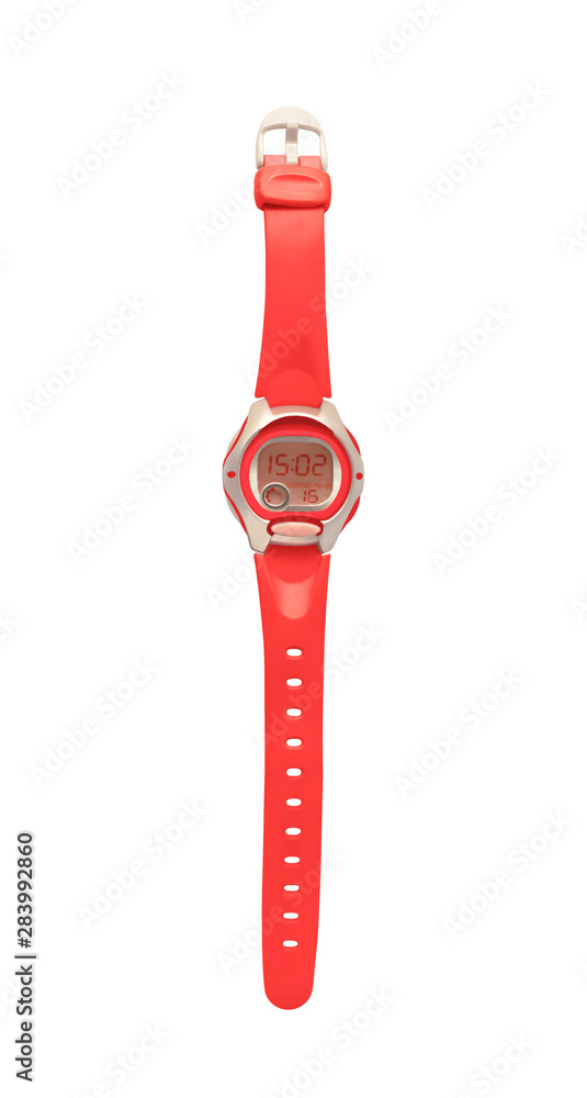 Top view of red sport wrist watch with stopwatch. Women accessory with strap isolated on white background Top view of red sport wrist watch with stopwatch. Women accessory with strap isolated on white background