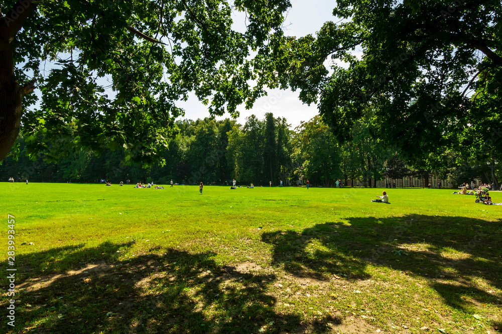 Obraz premium green city park during a sunny day , place of urban rest for citizens in a holyday with fine weather