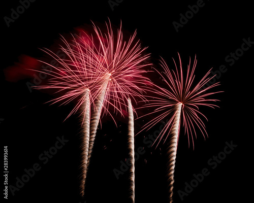 Ein gro  es Feuerwerk vor schwarzem Hintergrund in der Nacht.