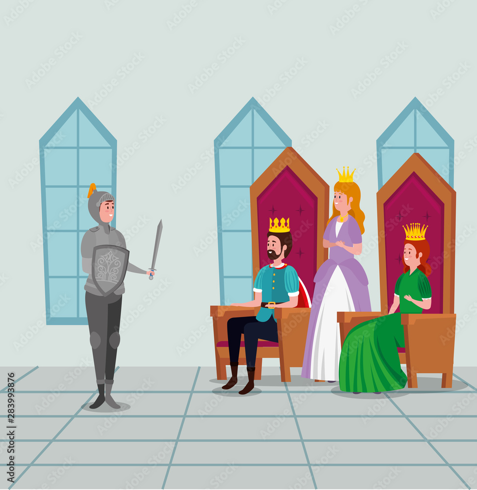 Fototapeta premium king and queen sitting in the chairs with princess and prince