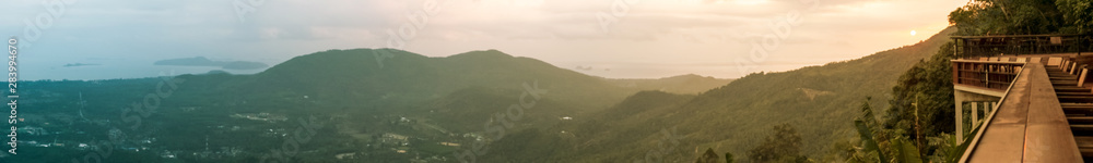 panoramic view from the observation deck of the mountains and the sea, travel concept