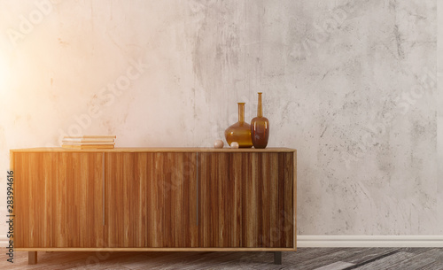 natural wood chest of drawers near the concrete wall. floor of natural parquet. 3D rendering. Sunset © COK House