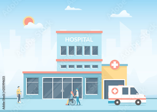 Cartoon Hospital Building on a Landscape Background Scene. Vector
