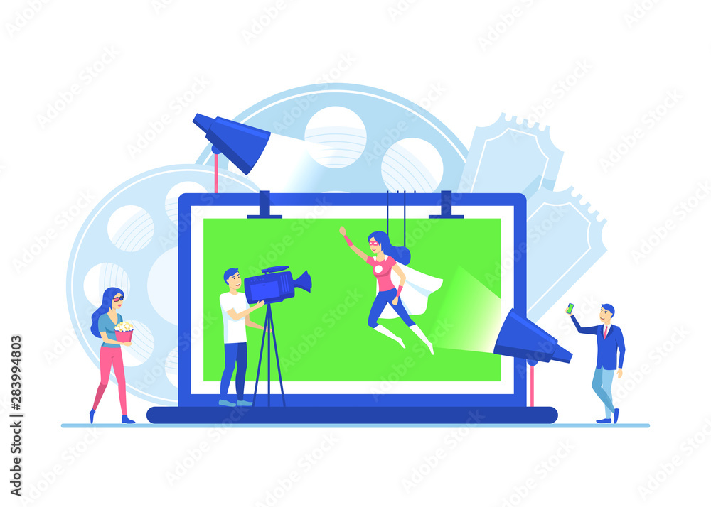 Cartoon Color Characters People Making Movie Video Production Concept. Vector