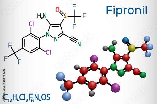 Fipronil, broad-spectrum insecticide molecule. It is used to fight ants, beetles, cockroaches, fleas, ticks, termites and other insects. Structural chemical formula and molecule model