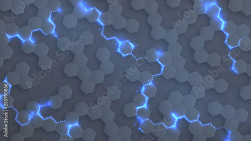 Abstract hexagonal surface with blue sparks