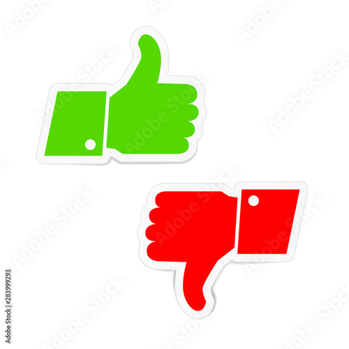 Green thumbs up and red thumbs down icons stickers on white