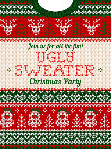 Ugly sweater Christmas party invite. Knitted background pattern scandinavian ornaments.