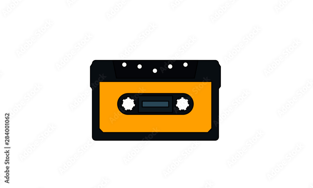 Yellow cassette tape vector illustration. Retro compact audio cassette image. Old school music concept.