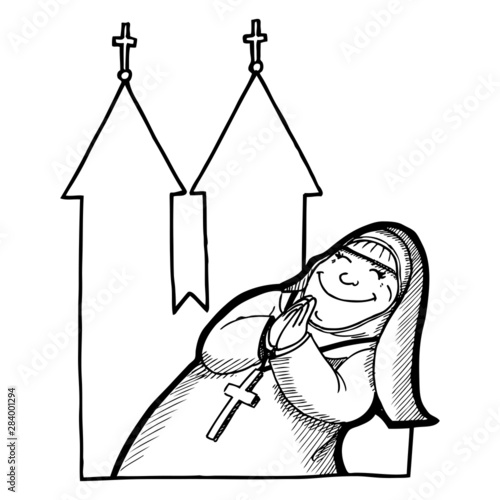 hand-drawn vector illustration of a Christian nun praying and standing at a church.  Outline, comic, sympathetic, funny.