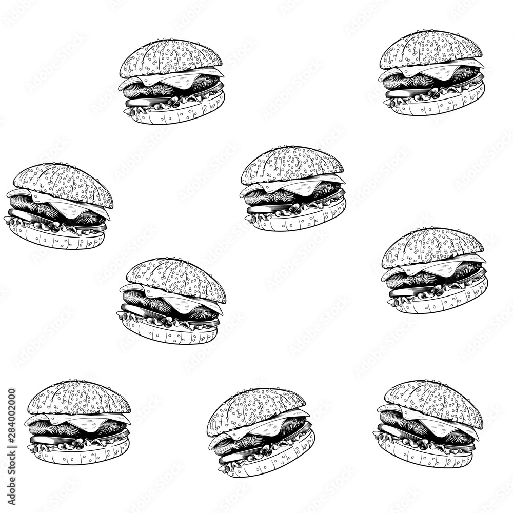 pattern with sketched burger, cheeseburger or hamburger. Background template for fast food restaurant design. Hand drawn food background. Vector illustration