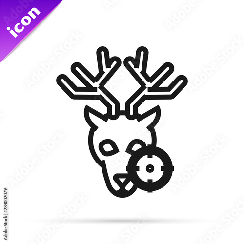 Black line Hunt on deer with crosshairs icon isolated on white background. Hunting club logo with deer and target. Rifle lens aiming a deer. Vector Illustration