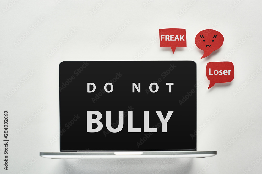 Offensive Lettering laptop with do not bully lettering on screen on white background near ...