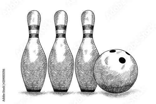 Items for bowling one ball and three skittles. Pencil sketch.