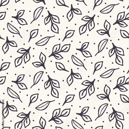 Seamless pattern hand drawn tiny falling leaf motif background. Stylized leaves ditsy allover print. Vector line art swatch
