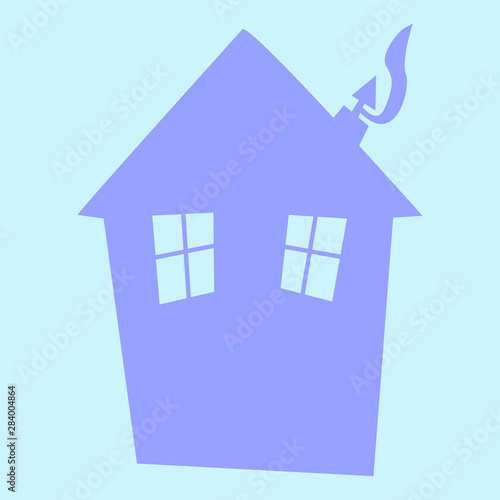 Vector drawing of a house with two windows and fireplace coming out of the smoke.  blue, purple, asymmetrical, cartoon.