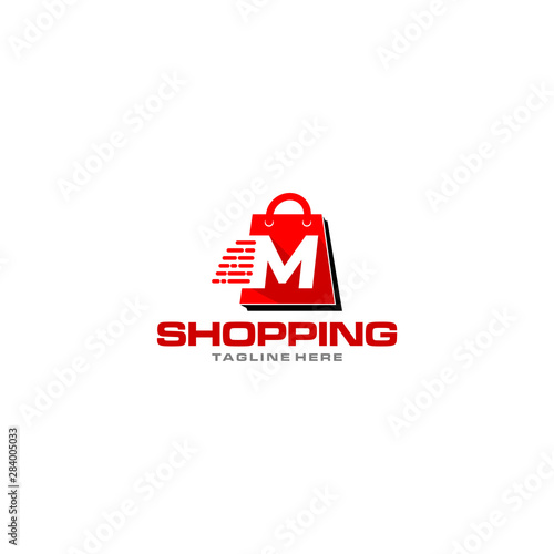Letter M on shopping bag. Abstract shopping logo. Initial letter online shop logo.