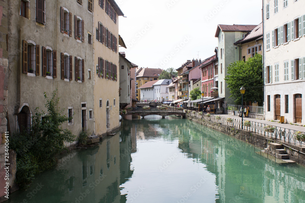 Beautiful view of river and houses on a summer day. Annecy. France.