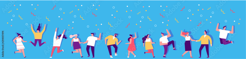 Party people vector horizontal banner. Dancing people. Flat vector characters. Birthday party, student party, celebration, event. Happy people isolated on white background. Party people vector horizontal banner. Dancing people. Flat vector characters. Birthday party, student party, celebration, event. Happy people isolated on white background.
