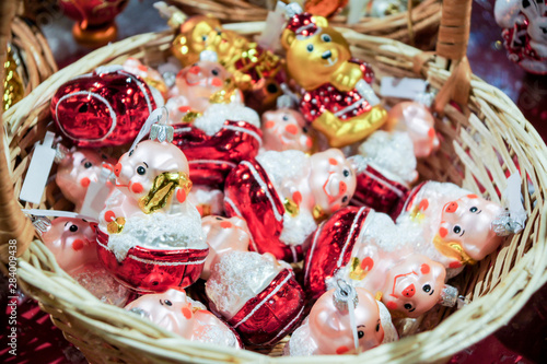 Glass Christmas decorations in the basket. © German S
