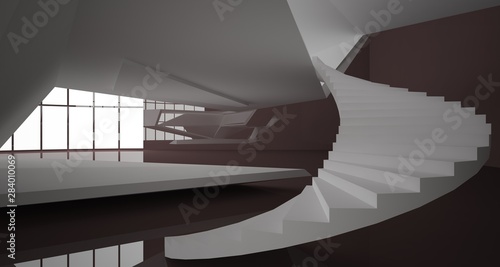 Abstract architectural white and brown gloss interior of a minimalist house with large windows.. 3D illustration and rendering.