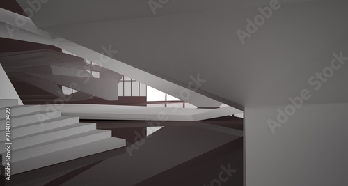 Abstract architectural white and brown gloss interior of a minimalist house with large windows.. 3D illustration and rendering.