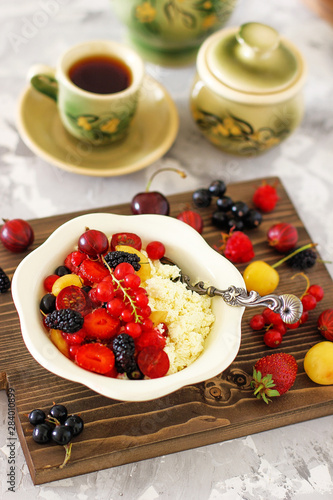 cottage cheese with summer berries,healthy breakfast concept