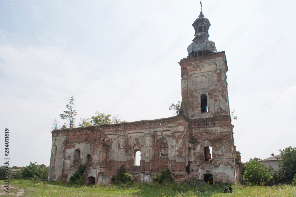 Old abandoned ruined church in the village