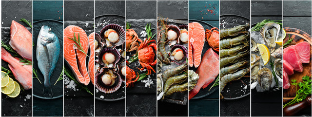 Photo collage. Seafood and raw fish on black stone background.