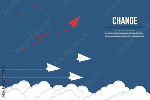 Think differently concept. Red airplane changing direction. Vector illustration	