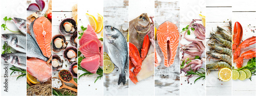 Photo Banner collage. Fish and seafood on white wooden background.