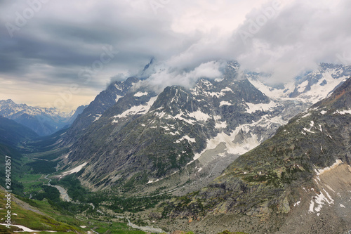 View of mountain peaks with glaciers in Val Ferret, Aosta valley, Italy © estivillml