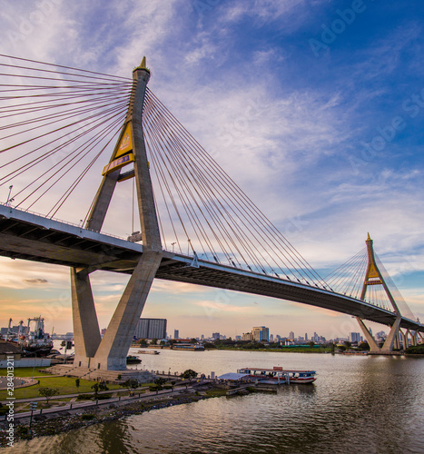 Bhumibol bridge views at sunset in Bangkok Thailand