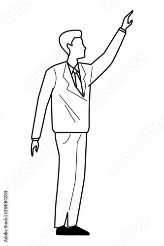 Executive businessman with arm up in black and white