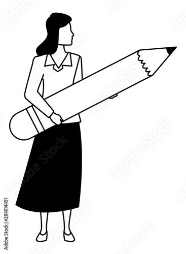 Executive businesswoman holding big pencil in black and white
